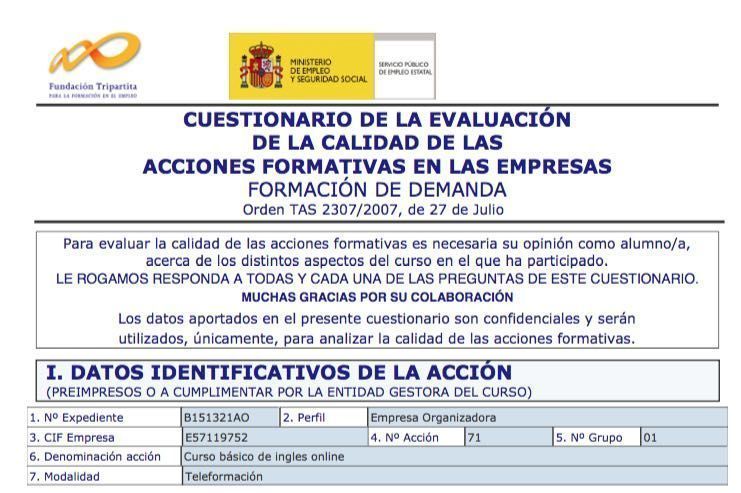 Cuestionario Evaluación Inglés Básico 71-01